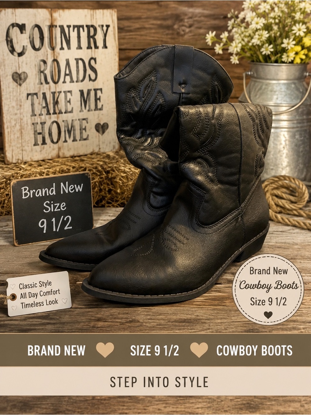 Black Cowboy Boots - Size 9 1/2